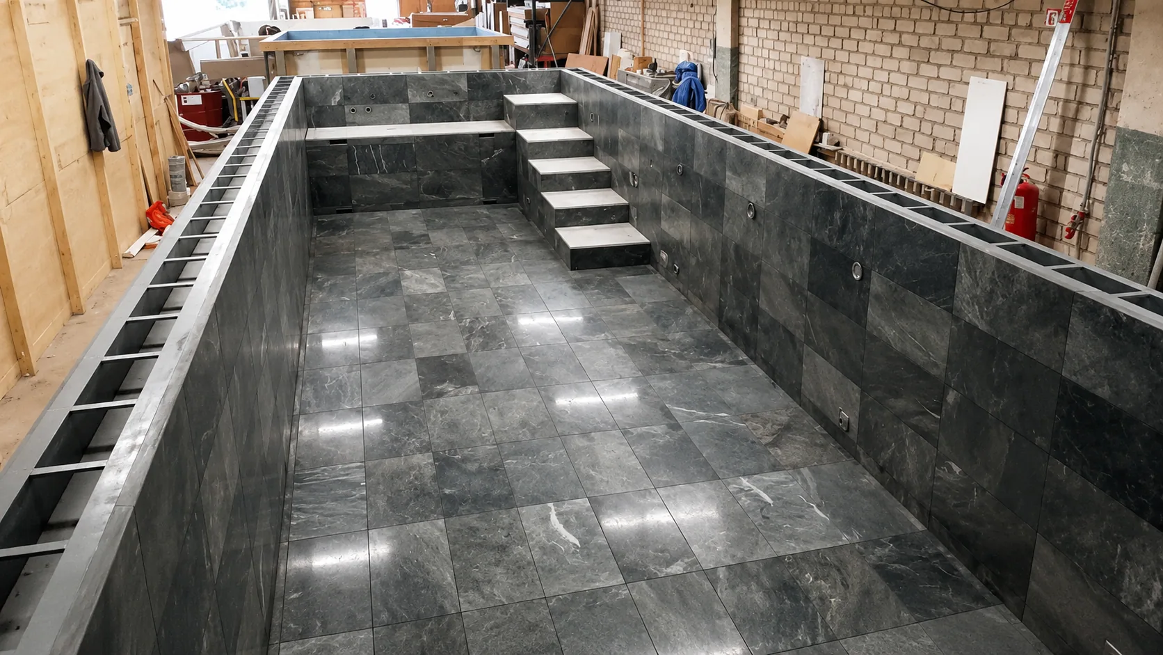 Tiled prefabricated pool with integrated steps inside a manufacturing workshop