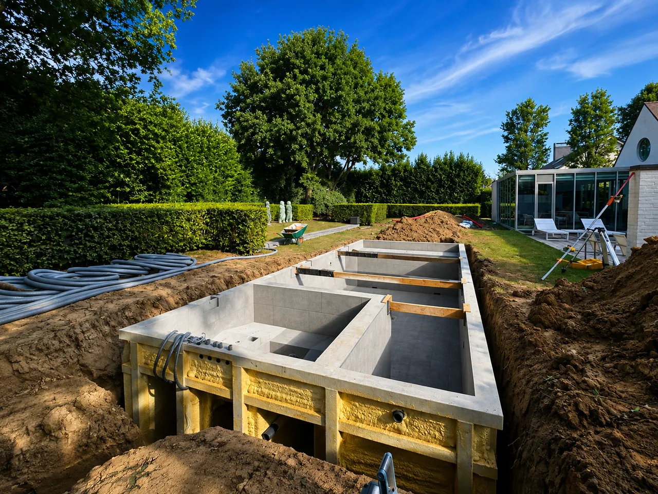 Pool structure positioned in an excavated garden site